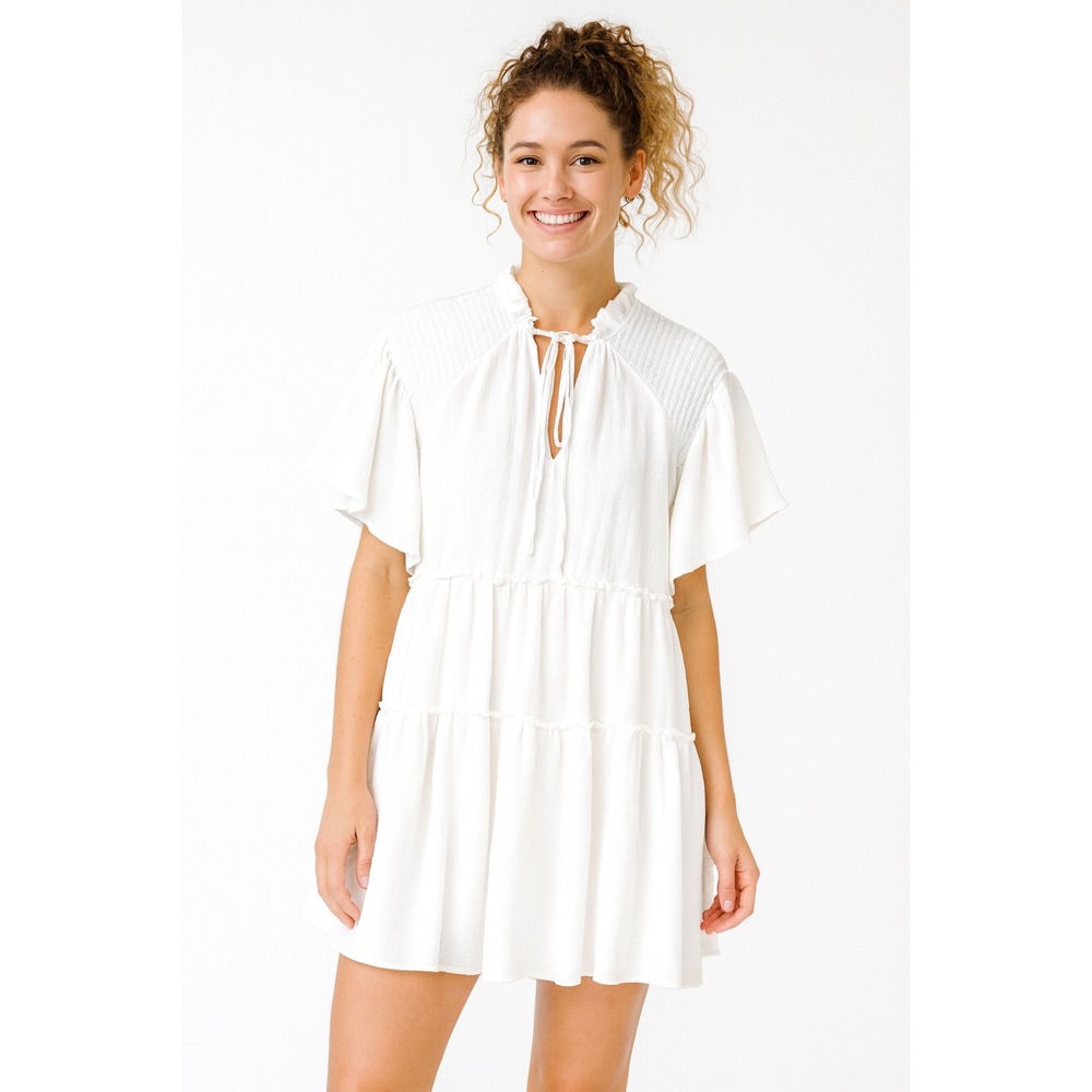 TALULAH Cream Tiered Mini Dress with Tie Neck